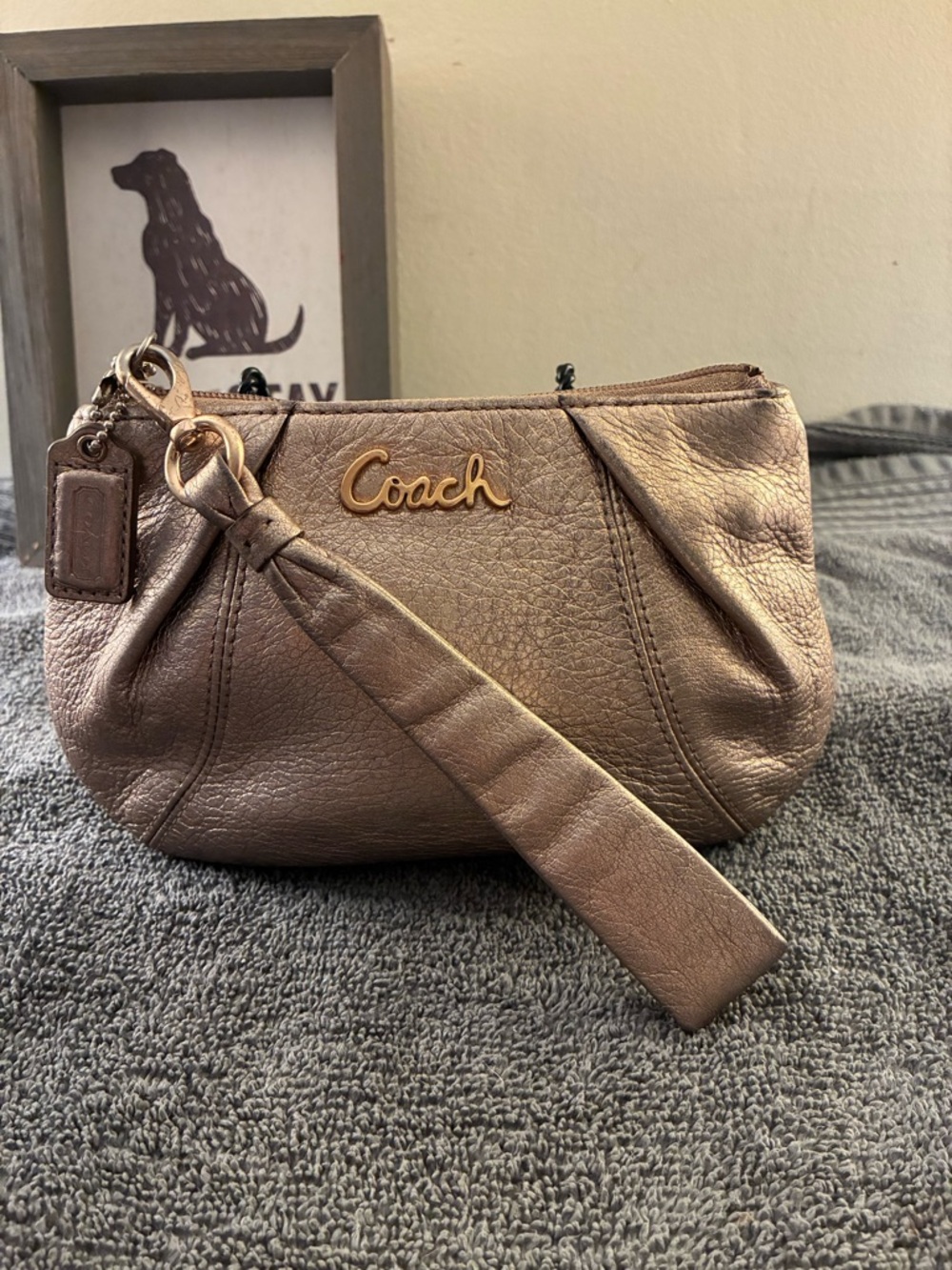 Coach Metallic Bronze Wristlet with Gold Logo Accent
